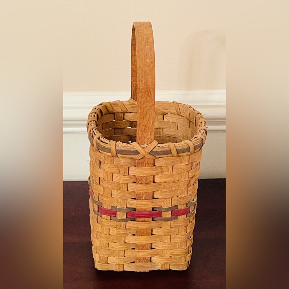 Vintage Primitive Wood Gathering Basket With Handle Handwoven Splint Basket - Picture 6 of 13
